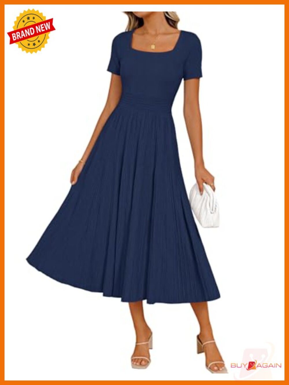 Pleated Midi Sweater Dress Square Neck Short Sleeve A-Line